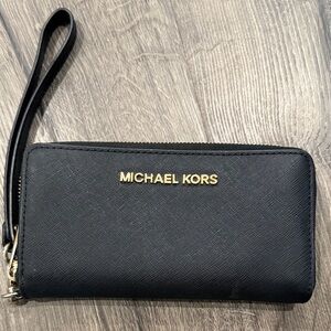 Michael Kors Black and Gold Zippy Wristlet Wallet